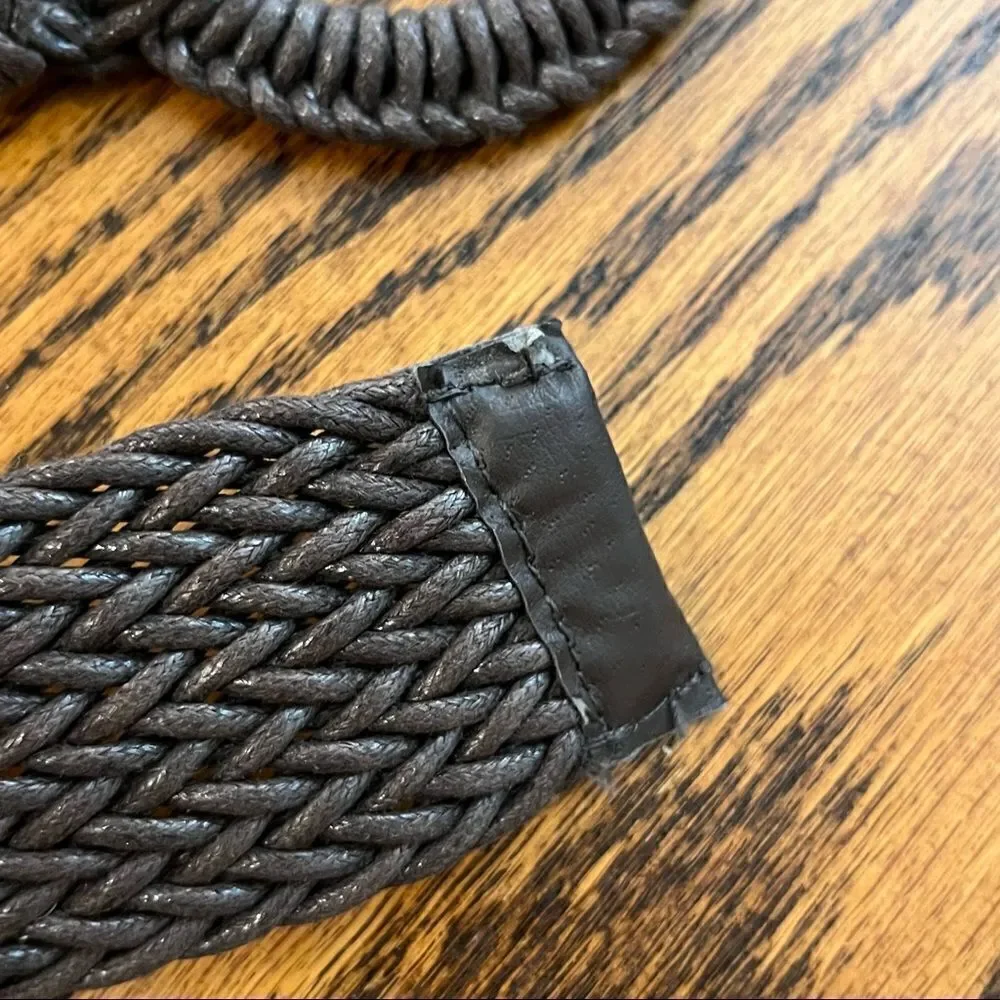 Boho Wide Braided Woven Belt Oversized Round Buckle Cinch Taupe Brown OS